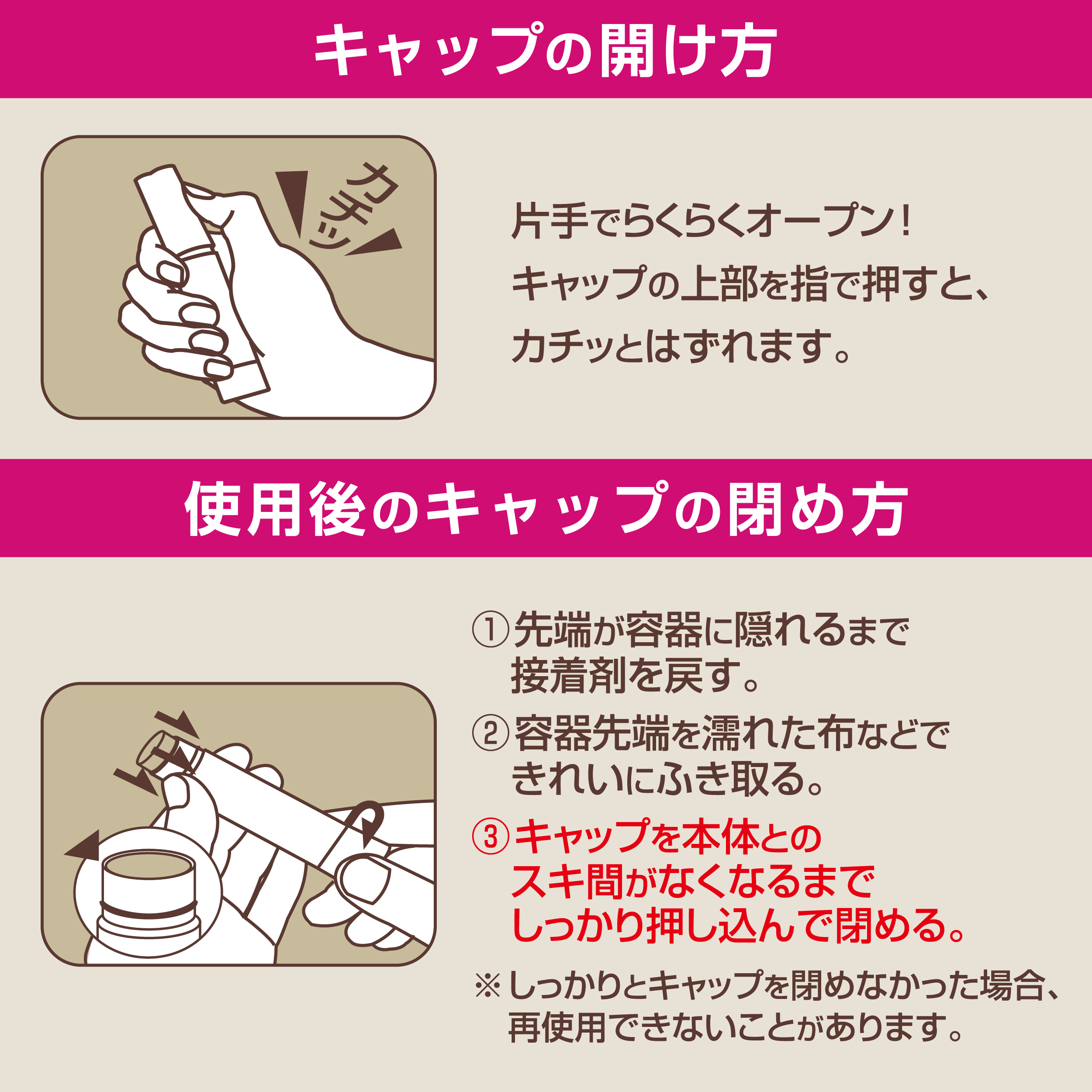 キャップの<br>開け方、<br>閉め方