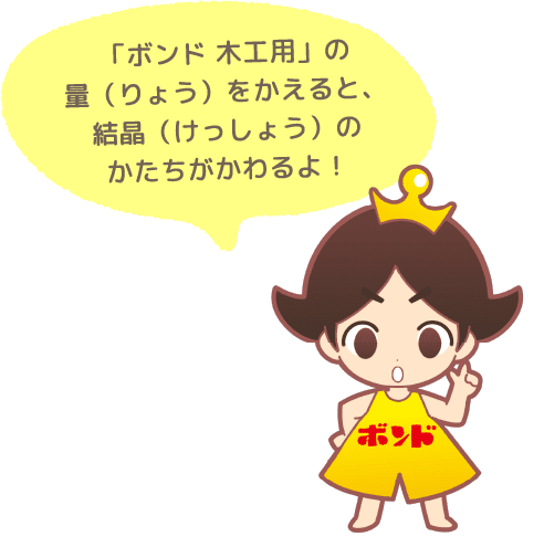 「ボンド 木工用」の量(りょう)をかえると、結晶(けっしょう)のかたちがかわるよ!