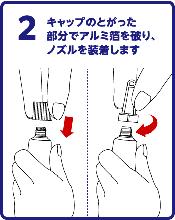 2 キャップのとがった部分でアルミ箔を破り、ノズルを装着します